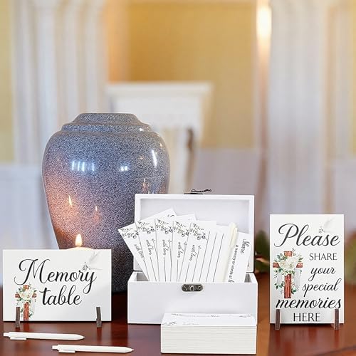 Gilprop 112 Pcs Celebration of Life Memory Cards Set Share a Memory Cards with Box 2 Wood Sign with 4 Hold and 5 Pens, Sympathy Memorial Gifts Funeral Keepsake Decorations(Cross)