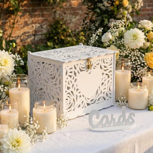 Jolik Love Wedding Card Box with Sign, Large Rustic Locking Money Box Holder for Wedding Reception, Gift Card & Envelope Storage, DIY Anniversary & Birthday Party Decoration