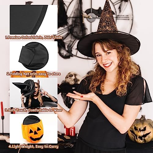 Riare 12pcs Halloween Black Witch Hats- Floating Hanging Witches Hats with 98 Feet Hanging Rope, Costume Witch Accessory for Halloween Yard Party Decoration