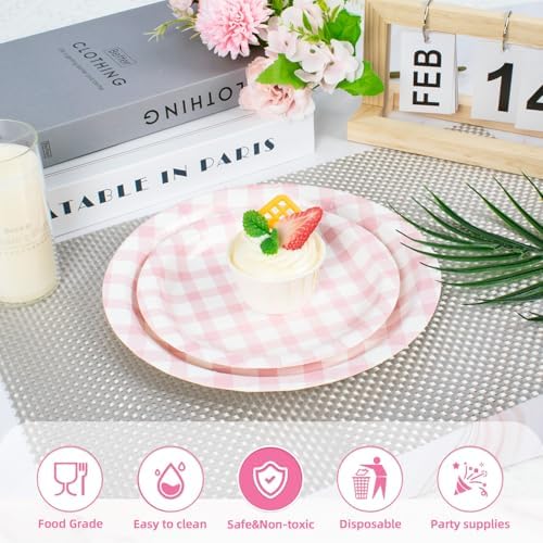Vyntra 50 Pcs Pink Gingham 7 Inch Round Paper Dessert Plates