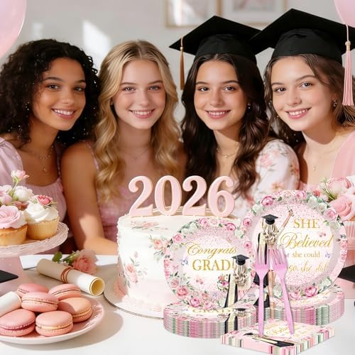 96Pcs She Believed She Could So She Did Paper Plates Napkins Forks Flower Graduation Decorations 2026 Party Tableware Floral Grad Class of 2026 for College High School Supplies Serve 24 Guests
