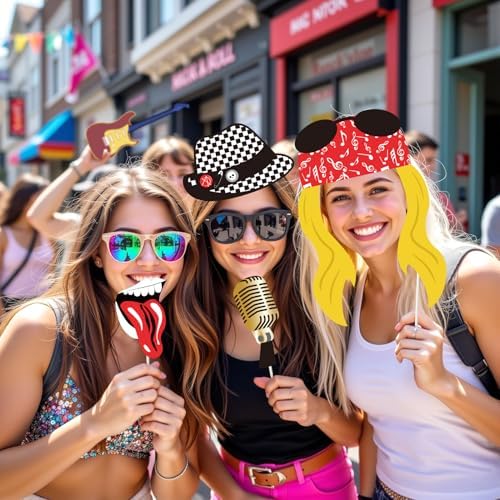 SUNBEAUTY 18 Pcs Rock and Roll Birthday Party Decorations Music Note Guitar Star Photo Booth Props Music Theme Party Supplies