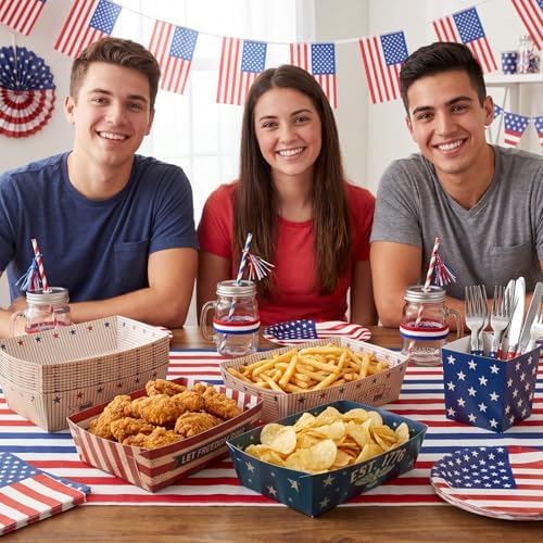 48 Pcs Vintage Patriotic Snack Trays, Disposable American Heritage Serving Boats, Red White and Blue Food Trays for July 4th, BBQs & Patriotic Celebrations – 3 Unique Designs