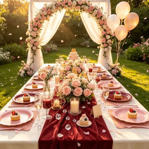 Pink and Burgundy Paper Plates and Napkins,Include Gradient 9inch Plates Napkins Forks Disposable Party Supplies for Baby Shower,Birthday,Wedding,Serves 24