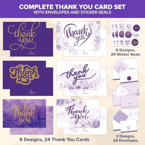 Decorably 24 Pack Glittery 6x4in Purple Thank You Cards with Envelopes