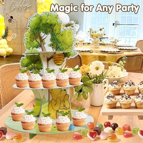 Winnie Cupcake Stand, 3-Tier Cardboard Cupcake Holder for Classic Winnie Bear Baby Shower Birthday Cupcake Decorations