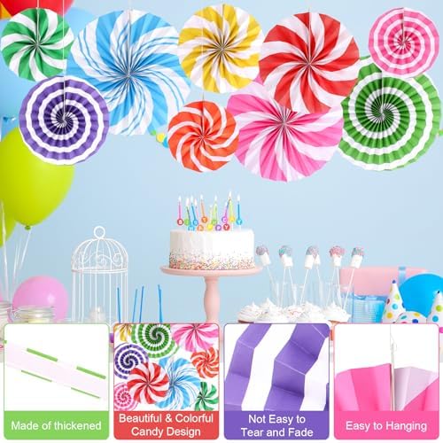 9 Pcs Candyland Party Decorations Paper Fans Candyland Themed Classroom Decorations Lollipop Hanging Paper Fans for Christmas Sweet Candy Birthday Wedding Party Supplies