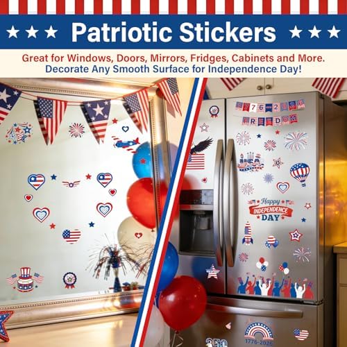 9 Sheets 4th of July Window Clings, Patriotic Red White and Blue Window Stickers with USA Flag, Eagle, Reusable Static Decals for 250th Anniversary Independence Day, Memorial Day