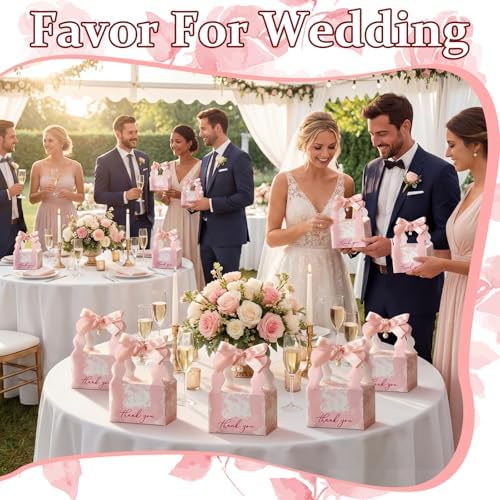 ForraFun 50 Sets Floral Wedding Favor Boxes with Pearl Pendant Bow, Pink
