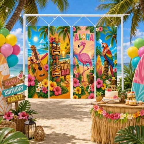 Cinrobiye 4 Pcs Hawaiian Luau Party Porch Sign Decorations, Tropical Aloha Door Banner with Tiki Flamingo Beach Design, Summer Party Hanging Backdrop for Tiki Bar, Birthday, Outdoor Indoor Events