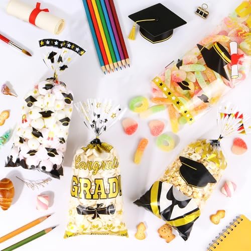 100 Pcs Graduation Cellophane Treat Bags - 5" x 11" Congrats Grad Plastic Goodie Bags with 110 Gold Twist Ties for Cookies, Snacks, Party Favors & Gift Packaging, Thick Plastic Candy Bag for Kids