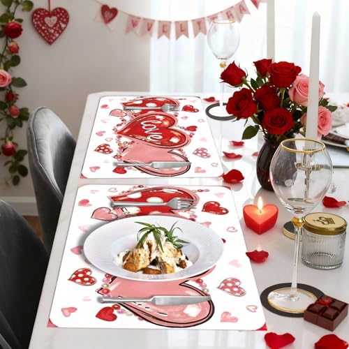 6 Set Valentine's Day Placemats, 11x16 Inch Love Heart and Bead Plastic Placemats Red Pink Hearts Spring Holiday Table Mats for Wedding Party Festival Decor