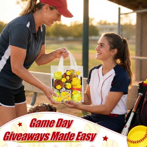 Pajean 12 Pcs Softball Plastic Gift Bags with Handles, 5.9 x 8.7 x 3.1 Inch Baseball Theme PE Treat Bags, Yellow Sport Candy Goodie Pouches for Classroom Exchange, Party Favor, Sports Event Supplies