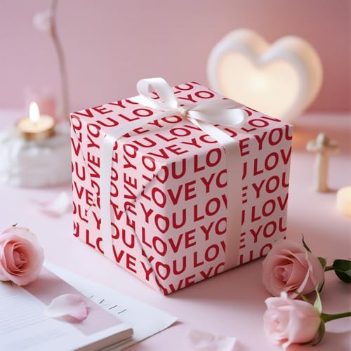 RUSPEPA Valentine's Day Wrapping Paper Roll, Mini Roll, Red Love You Lettering Design, Pink Gift Wrap for Wedding, Anniversary, Birthday, Valentine's Day, Bridal Shower, 17 Inches x 16.4 Feet