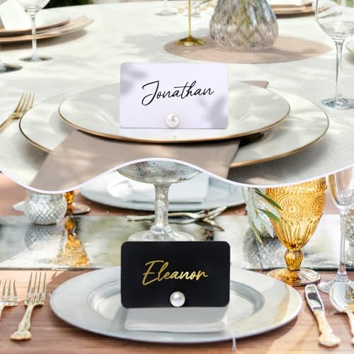 UNIQOOO 24Pcs Decorative Pearl Place Card Holders w/Black White Cards, Elegant Men&Women Name Card Stands Set, for Wedding Event Table place Cards, Retail Shop, Business Card, Party Food Signs