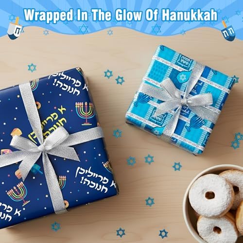 Hanukkah Wrapping Paper (4 Rolls, 148 sq. ft. ttl) Menorahs, Dreidels, Stripe and Star of David Design for Holiday Gift Wrap - Traditional Hanukkah Elements Collection - 30 Inches x 14.8 Feet Per Roll