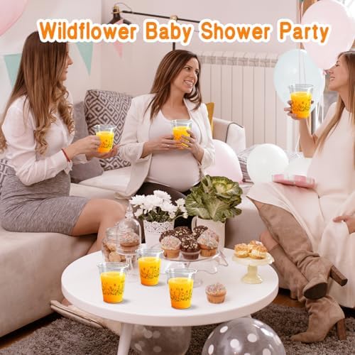 100 Pcs Fall Flower Plastic Cups 12oz Floral Wildflower Disposable Clear Cups for Autumn Birthday Fall Party Supplies