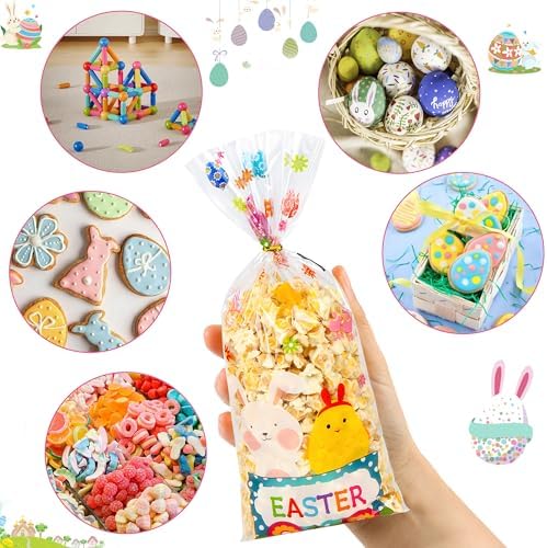 ZYLOP 50 Pcs Easter Cellophane Treat Bags - 5 x 11 Inch Clear Easter Goodie Bags with 60 Gold Ties for Cookies, Snacks, Party Favors & Gift Packaging, 2.8 Mil Thick Plastic Easter Candy Bag for Kids
