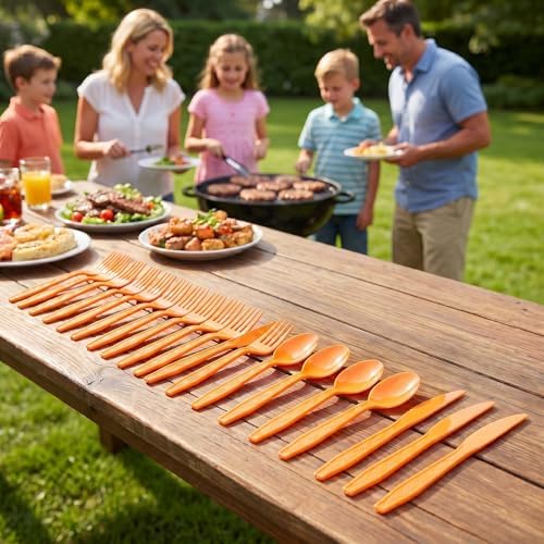 360Pcs Orange Plastic Silverware Set, Disposable Forks Spoons Knives