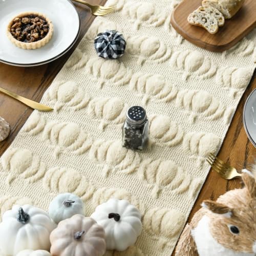 Artoid Mode Beige Soft Faux Fur Pumpkins Fall Table Runner 13x120 Inch