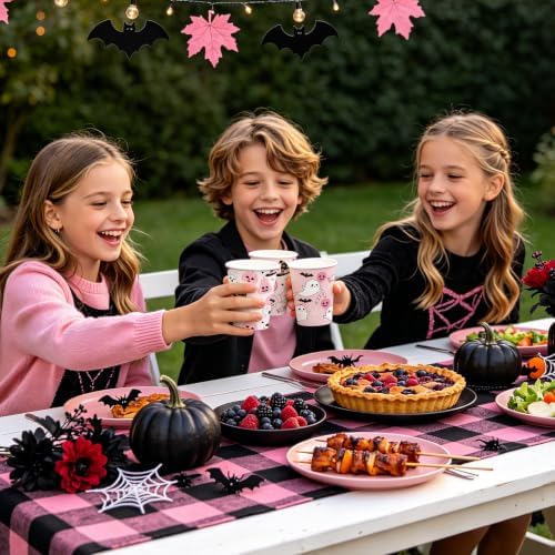 WRAPAHOLIC 9oz Pink Halloween Paper Cups - 48 PackGhost, Witch Hat, Pumpkin and Skull 4 Designs Disposable Cup, Coffee Cup, Hot/Cold Beverage Drinking Cups for Water Juice, Perfect for Halloween
