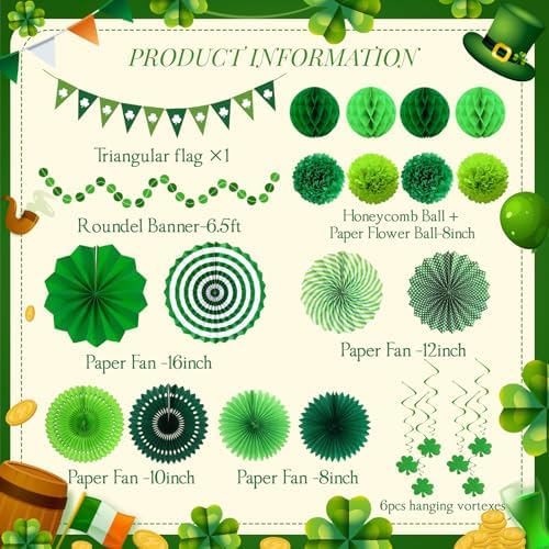 24 Pcs Green Birthday Decorations Kit, Paper Fans Pom Poms Banner 8-16 in
