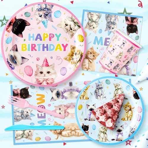 144PCS Cats Birthday Party Plates Set, Blue Pink Birthday Party Supplies