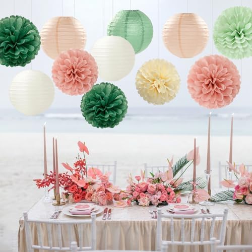 Sage-Green Pink Party-Decorations Paper-Flowers Lanterns - 15PCS Birthday Boho Rustic Tissue Pom Poms Streamers,Baby Shower Neutral Wedding Graduation Bridal Safari Hanging Supplies Decor Hugfond