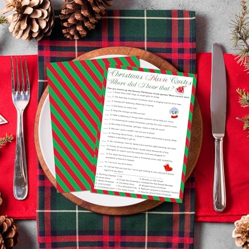 Christmas Movie Quotes Game Card - 20 Holiday Game Cards With 1 Answer Card - Xmas Film Party Funny Activity for Family, Adults & Teens - Christmas Party Supplies & Decor (Red & Green Stripe) - A04