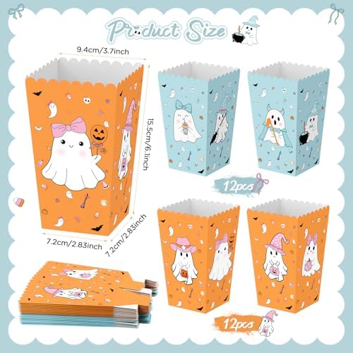 K KUMEED 24 PCS Halloween Popcorn Favor Boxes,Cute Ghost Popcorn Bowls Popcorn Buckets Candy Bags Boo Theme Cookie Container for Kids Halloween Party Supplies (Blue&Orange)