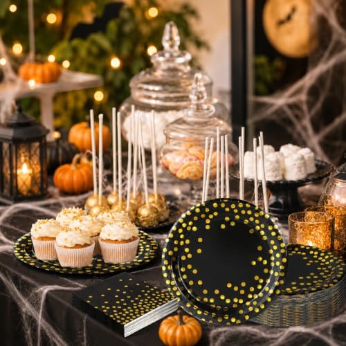 50 Pcs Black and Gold Dot Paper Plates and Napkins Set Serves 25