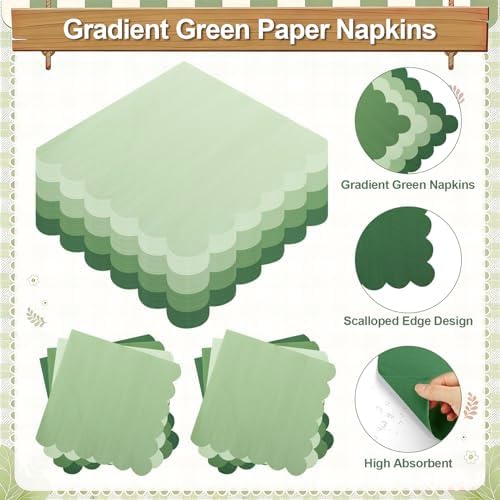 96pcs Green Plates and Napkins Party Supplies,Gradient Green Disposable Tableware Include 9" Scalloped Plates and Napkins for Wedding,Baby Bridal Shower,Birthday,48 Guests