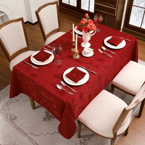 Romanstile Christmas Jacquard Rectangle Tablecloth, Red Xmas Deer and Tree