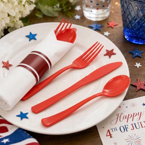 Liacere 400PCS Pre Rolled Red Silverware and Napkin - Disposable Red Plastic Utensils-Wrapped Plastic Cutlery Set with Napkin:100Forks,100Knives,100Spoons,100Napkins for Party & Independence Day