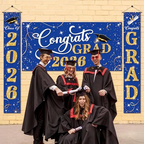 Class of 2026 Graduation Decorations, 3 Pcs Blue Gold Congrats Grad Banner and Backdrop Set with 1 Photo Backdrop and 2 Hanging Banners for Indoor Outdoor Party Decor