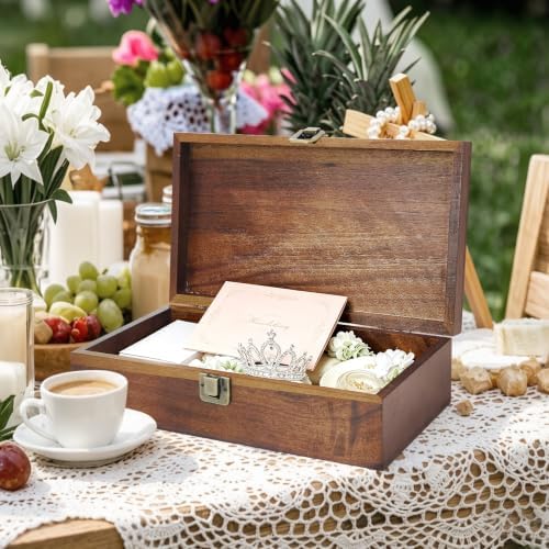 Wooden Keepsake Box with Hinged Lid – 13.78″ Large Memory Storage Organizer for Photos, Letters, Jewelry & Time Capsules, Rustic Home Decor Gift Box