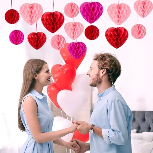 15PCS Valentines Day Decoration Hanging Heart Honeycomb Balls