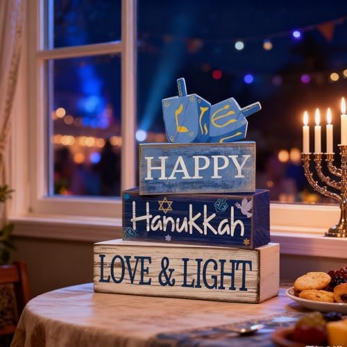 Lineshading 4 Pcs Hanukkah Table Decorations for Home, Wooden Dreidel Signs