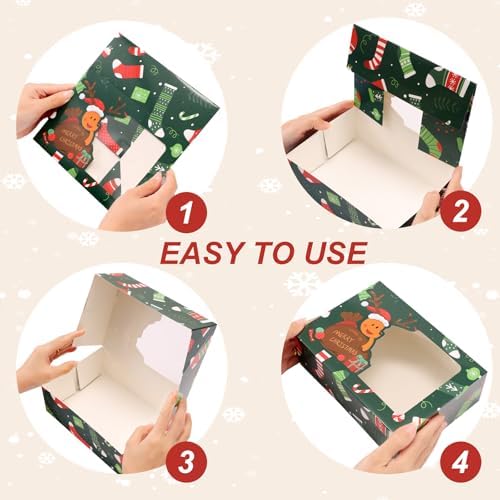 CHOUNYEE 24 Pack Christmas Cookie Boxes (8.25x6x2.75 Inch), Christmas Treat Boxes for Gift Giving, Bakery Boxes with Window for Exchange Gift, Holiday Food Cookie gift Containers