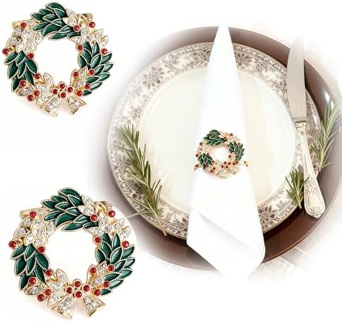 Alloy Enamel Wreath Napkin Rings (4-Set Pack) - Dinner Napkin Holders & Festive Tabletop Topper for Holiday Place Settings