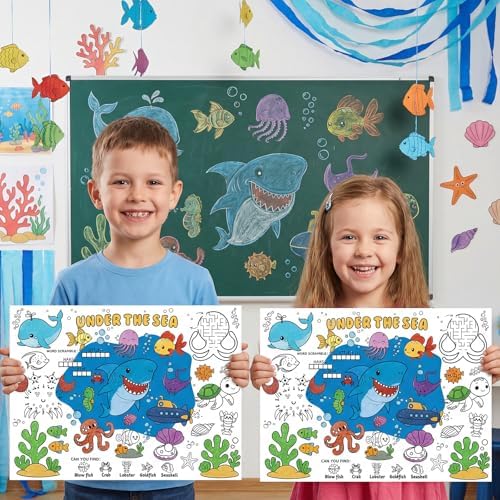 45pcs Under The Sea Disposable Coloring Placemats Ocean Crafts for Kids Party Favors Coloring Poster Classroom Activities Birthday Party Supplies Paper Table Mats