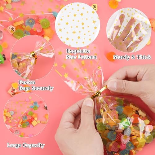 CCINEE 150 Pcs Cellophane Treat Bags, 5 X 11 Inches Gold Star Print Clear Gift Wrap Candy Bags Goodie Bags with Twist Ties for Wedding, Birthday Party Favors, Bakery, and Gift Packaging