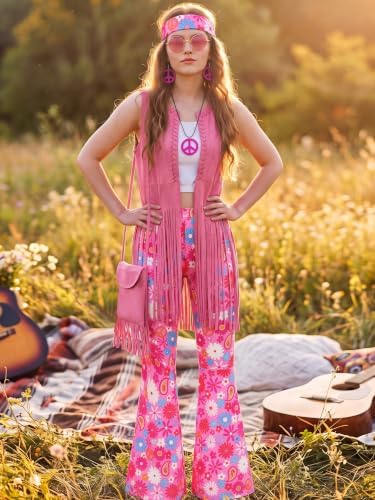 SOMSOC 7 Pieces 60s 70s Women Hippie Costume Fringe Vest Bag Pant Headband for Disco