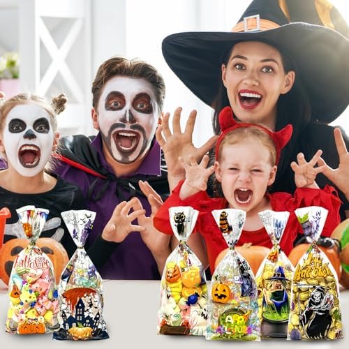 QOIUSO 100 PCS Halloween Clear Cellophane Treat Bags: Clear Candy Bags with 110 Twist Ties for Gooide Cookies Gifts and Party Favors Packaging, Halloween Trick or Treat Party Supplies - 6 Style