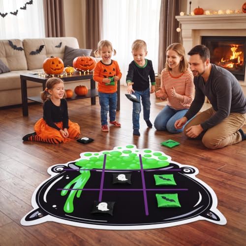 Hollowfly Halloween Tic Tac Toe Bean Bag Game Bubbling Cauldron Party Favors Bean Pillow Cushion Family Night Halloween Activities 1 Pot Felt Mat 10 Bats and Ghosts Bags for Outdoor Yard Background