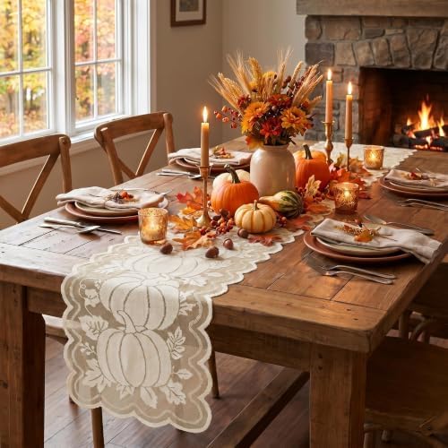 Artoid Mode Beige Lace Jacquard Pumpkin Leaf Fall Table Runner, Seasonal Thanksgiving Autumn Kitchen Dining Table Decoration for Home Party Decor 13x72 Inch
