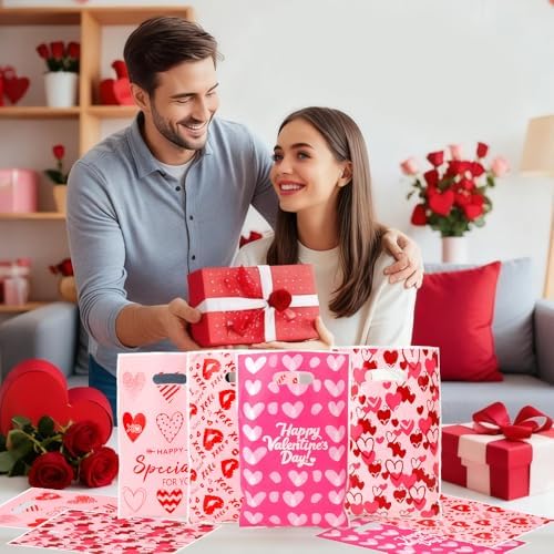 Valentines Treat Bags, 50 PCS Valentines Gift Bags with Handles, 7x10 Inch Plastic Happy Valentine's Day Goodie Cookie Candy Bag for Valentine's Day Wedding Anniversary Engagement Party Favor Supplies