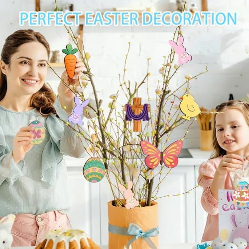 48Pcs Paintable Wooden Easter Ornaments Unfinished Wood Cutouts for Crafts DIY Eggs Bunny Butterfly Chick Carrot Painting for Crafts Hanging Wood Slices Spring Party Decoration