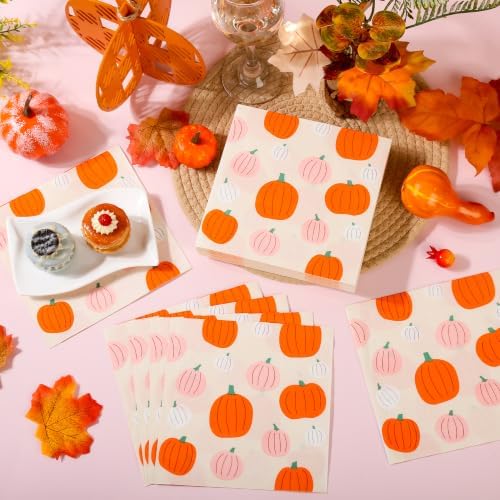 100 Pcs Pink Orange Fall Pumpkin Paper Luncheon Napkins, 6.5in