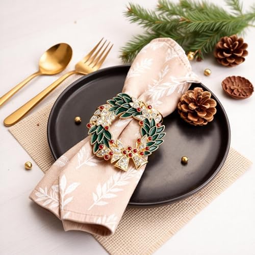 Alloy Enamel Wreath Napkin Rings (4-Set Pack) - Dinner Napkin Holders & Festive Tabletop Topper for Holiday Place Settings